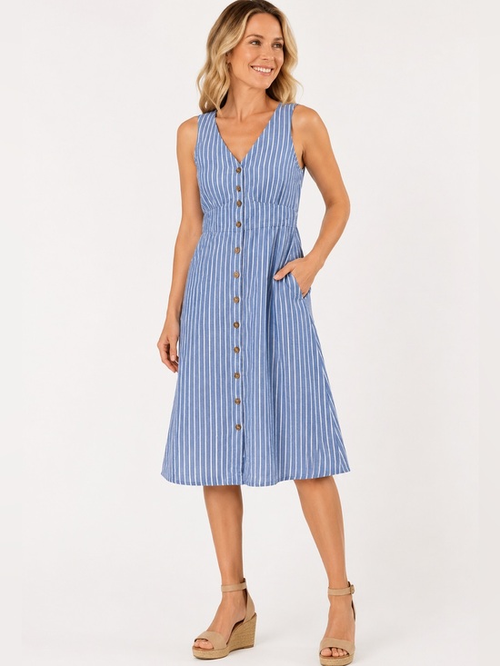 Pact Dresses & Skirts - Pact Canopy Linen Blend Striped Button Front Dress Blue White Pockets XS